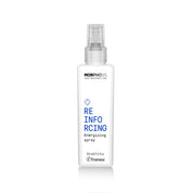 A white bottle of MORPHOSIS Re-Infoc ing Energizing spray with a clear spray nozzle, set against a plain white background with a subtle reflection.