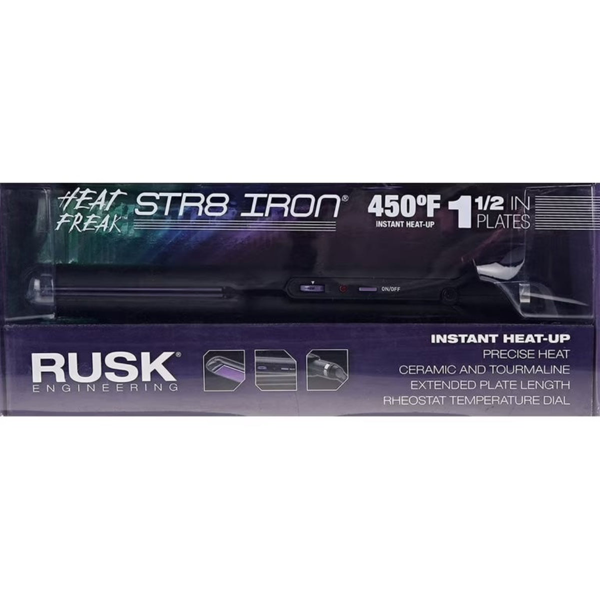 Rusk Heat Freak Str8 Iron packaging with product details on a white background