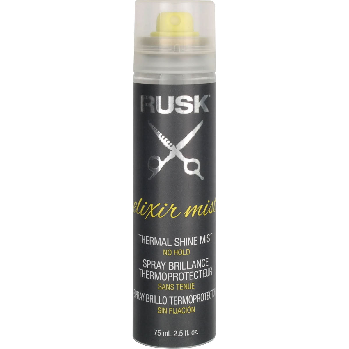 Rusk Elixir Mist hair product can on a white background