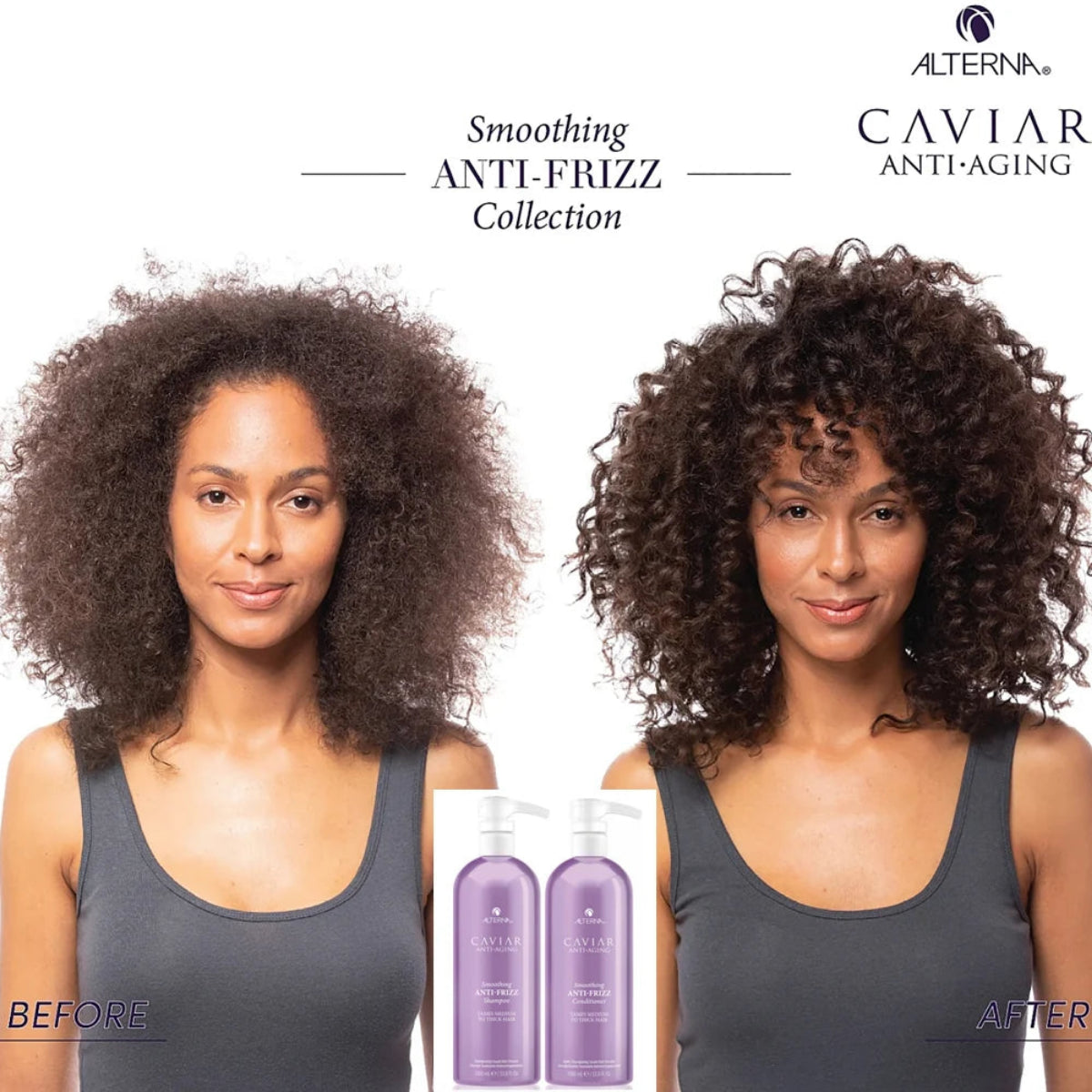 Before and after hair smoothing comparison featuring a woman with frizzy hair on the left and smooth curly hair on the right, with two purple bottles of Alterni+ Caviar Anti-Aging smoothing anti-frizz collection shown at the bottom center.