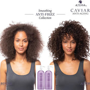 Before and after hair smoothing comparison featuring a woman with frizzy hair on the left and smooth curly hair on the right, with two purple bottles of Alterni+ Caviar Anti-Aging smoothing anti-frizz collection shown at the bottom center.