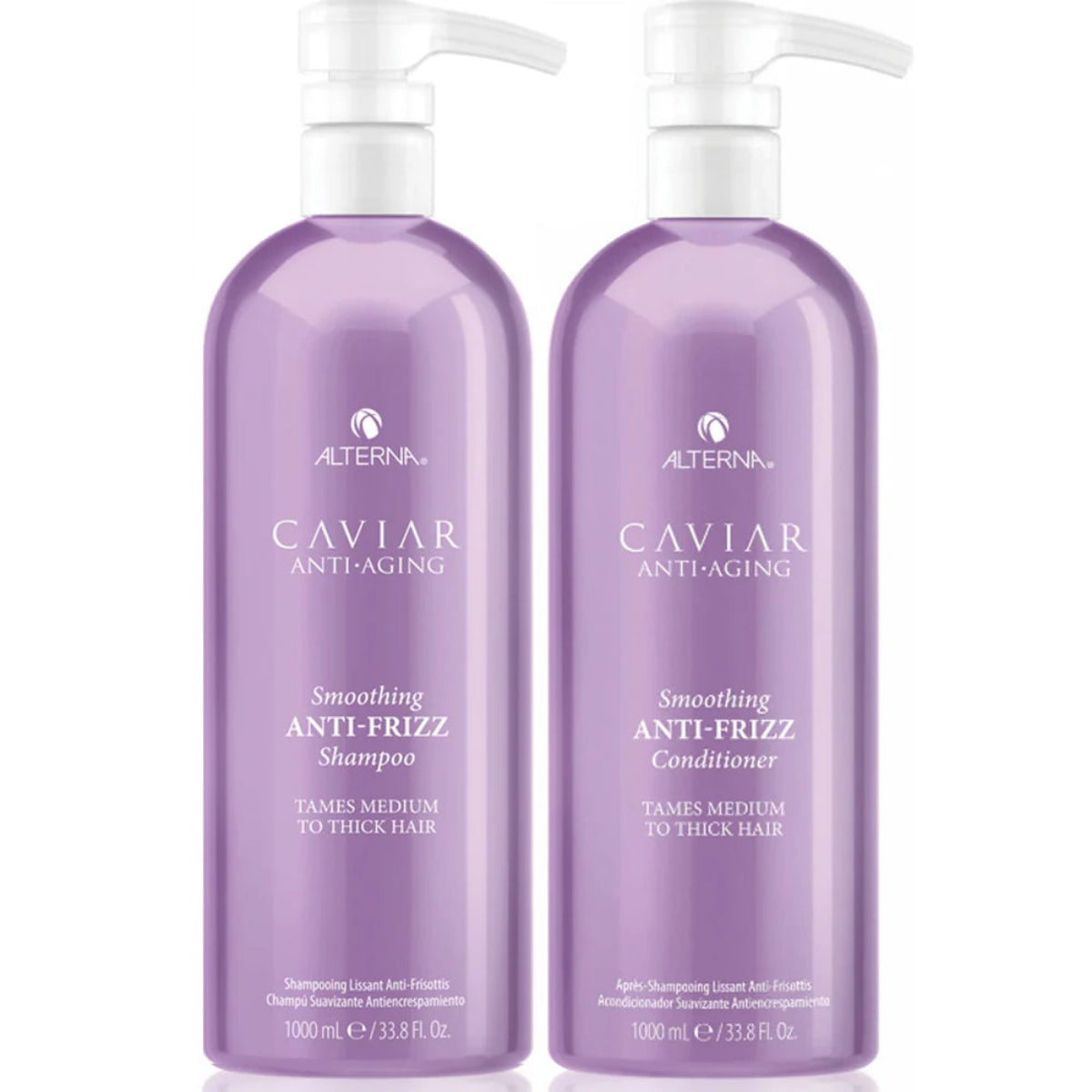 Two lavender purple pump bottles of AlternA Caviar Anti-Aging hair care products on a white background, labeled Shampoo and Conditioner.