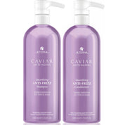 Two lavender purple pump bottles of AlternA Caviar Anti-Aging hair care products on a white background, labeled Shampoo and Conditioner.