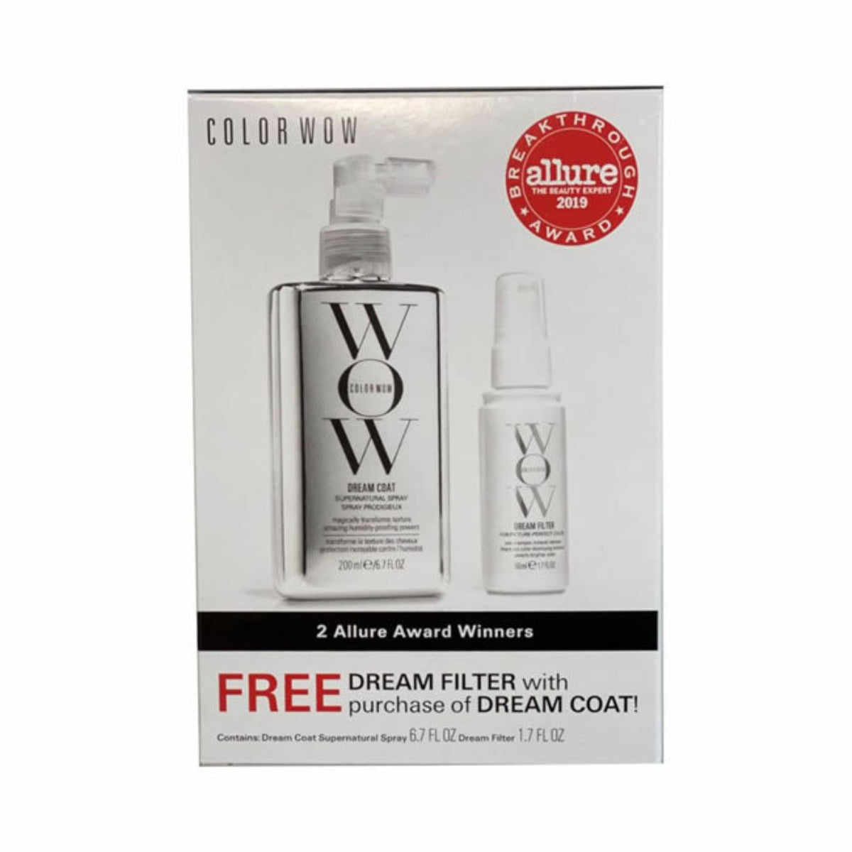Color Wow hair care product packaging with spray bottle and serum, featuring Allure award badge.