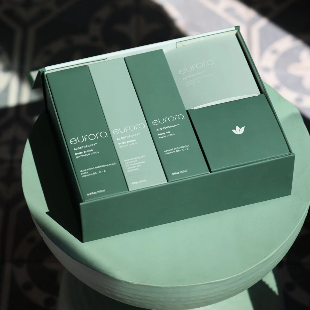 A boxed skincare set from eurora, featuring three tall rectangular boxes and one square box in matching sage green packaging, displayed on a round pedestal with dramatic shadow patterns.