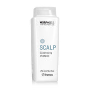 A white bottle of Morphosis Scalp Cleansing Shampoo with a clear cap, shown on a white background with a subtle reflection.