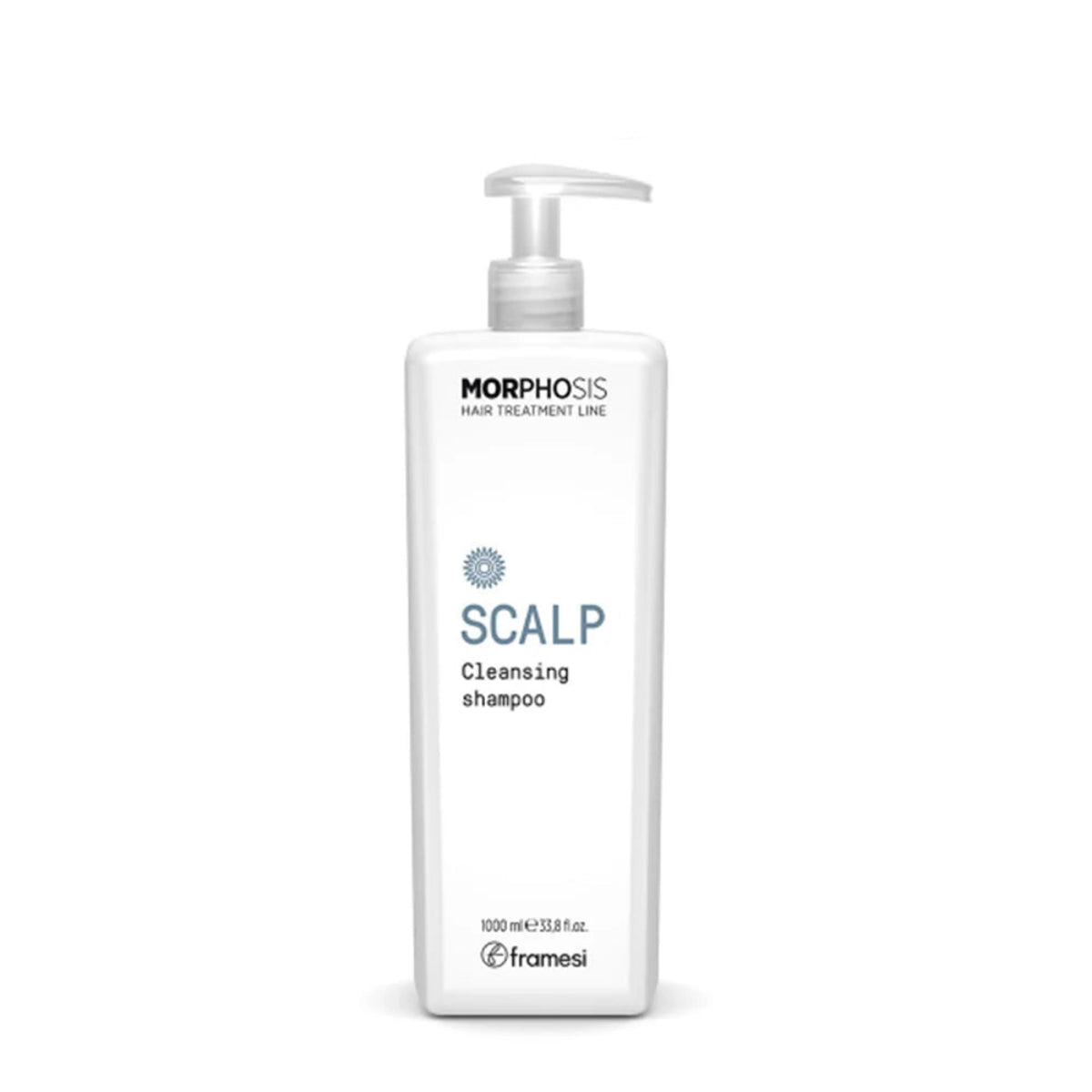 A white bottle of Morphosis Scalp Cleansing Shampoo with a pump dispenser, shown on a white background with the APS and framesi logos at the top.