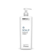 A white bottle of Morphosis Scalp Cleansing Shampoo with a pump dispenser, shown on a white background with the APS and framesi logos at the top.