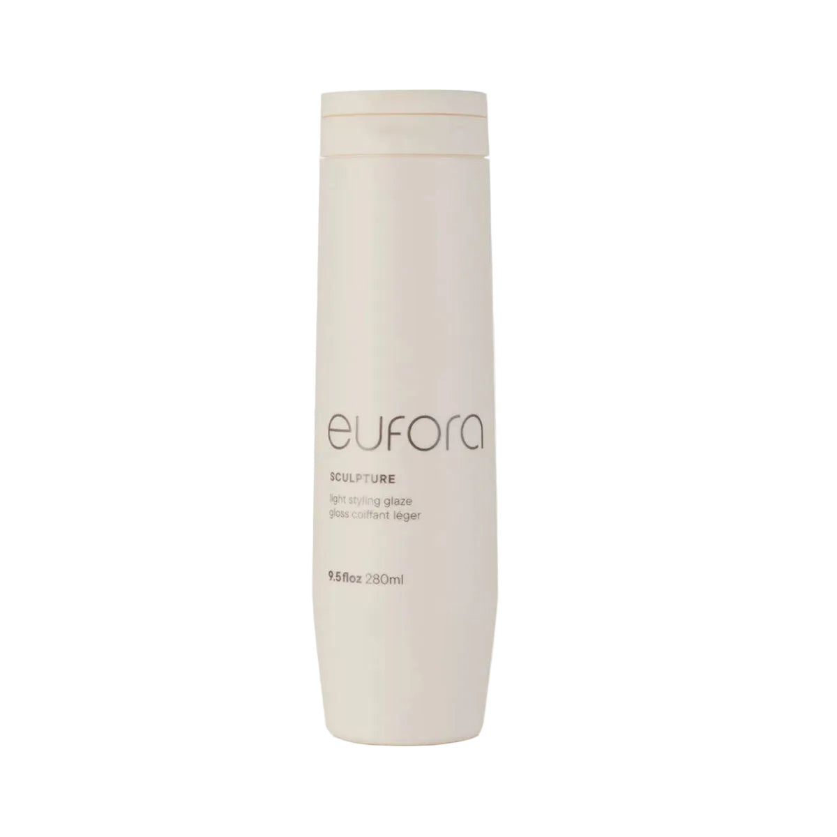 A tall, cylindrical bottle of eufora Sculpture light setting wax in a warm off-white color, set against a clean, light gray background.