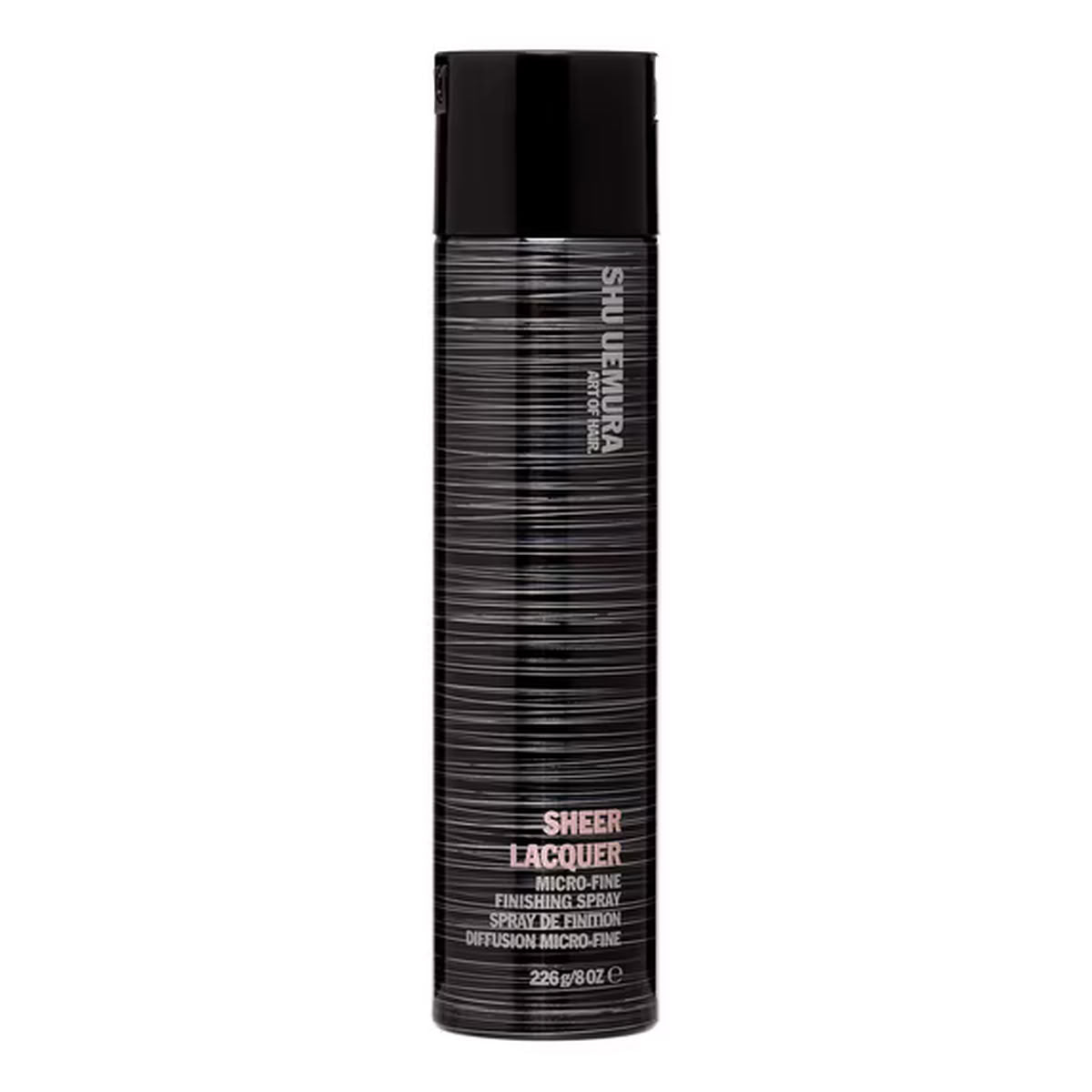 Shu Leung Mura Sheer Lacquer Medium Fine finishing spray in a black aerosol can with a textured horizontal stripe pattern, on a plain white background.