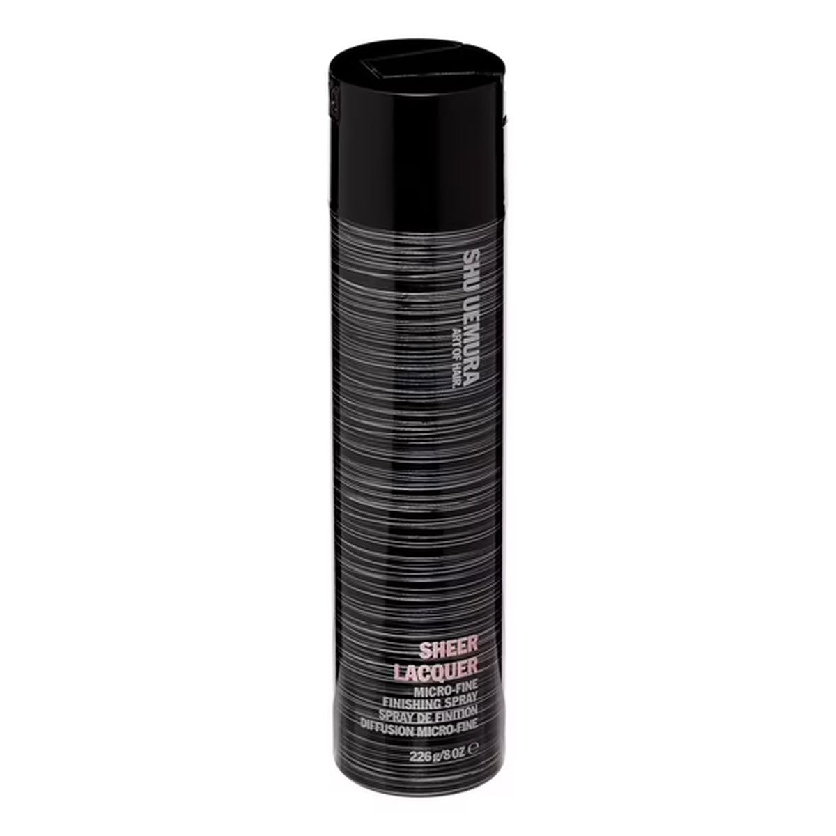 A tall black aerosol can of Shier Lacquer Sheer Lacquer Finishing Spray on a plain white background.