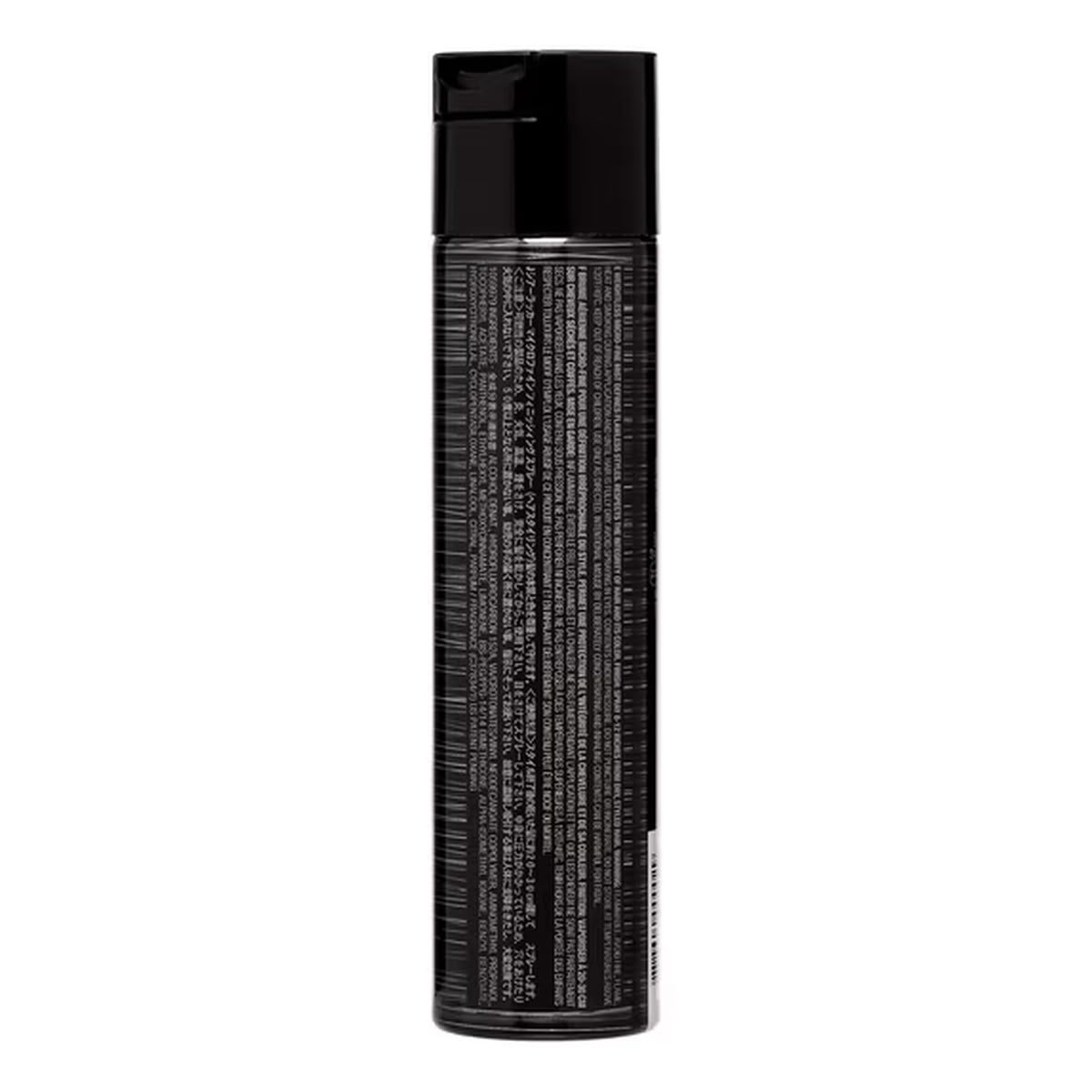 A tall black aerosol can with a black cap, shown upright against a plain white background. The can has dense small text printed vertically on the body.