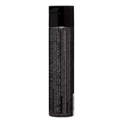 A tall black aerosol can with a black cap, shown upright against a plain white background. The can has dense small text printed vertically on the body.