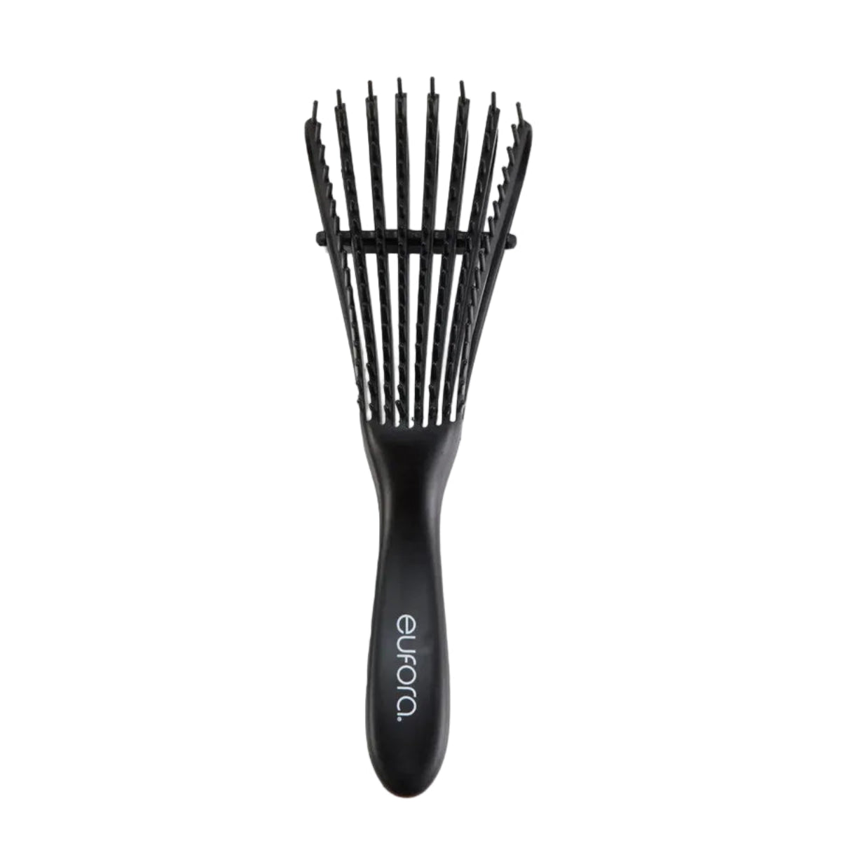 A black Euroca wide-tooth hairbrush with a matte finish and white brand lettering, shown against a light gray background.