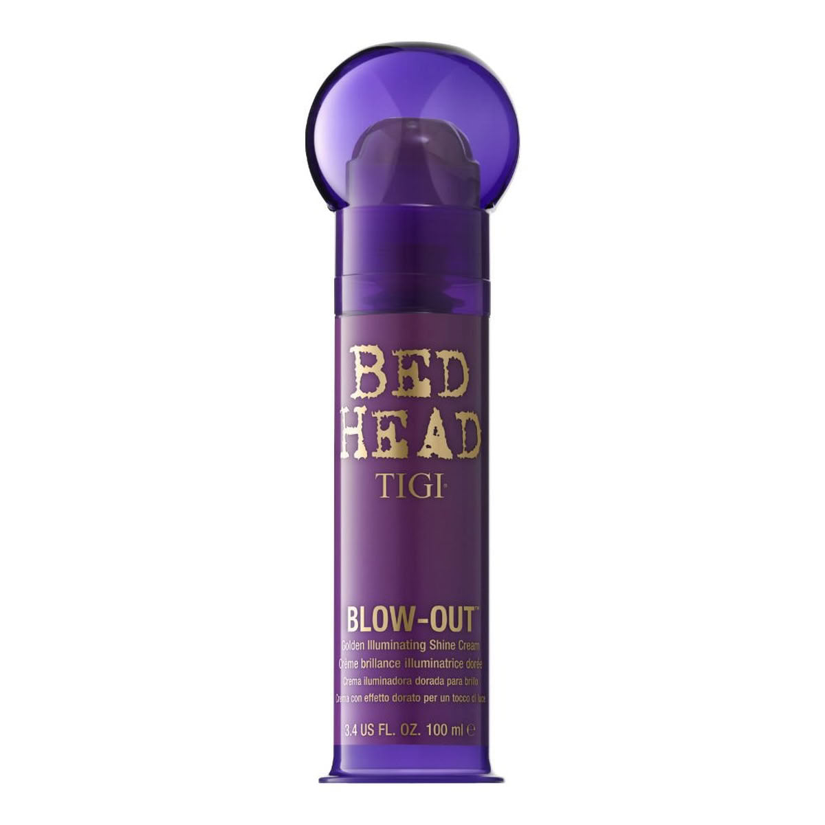 Purple bottle of Tigi Bed Head Blow-Out hair product on a white background
