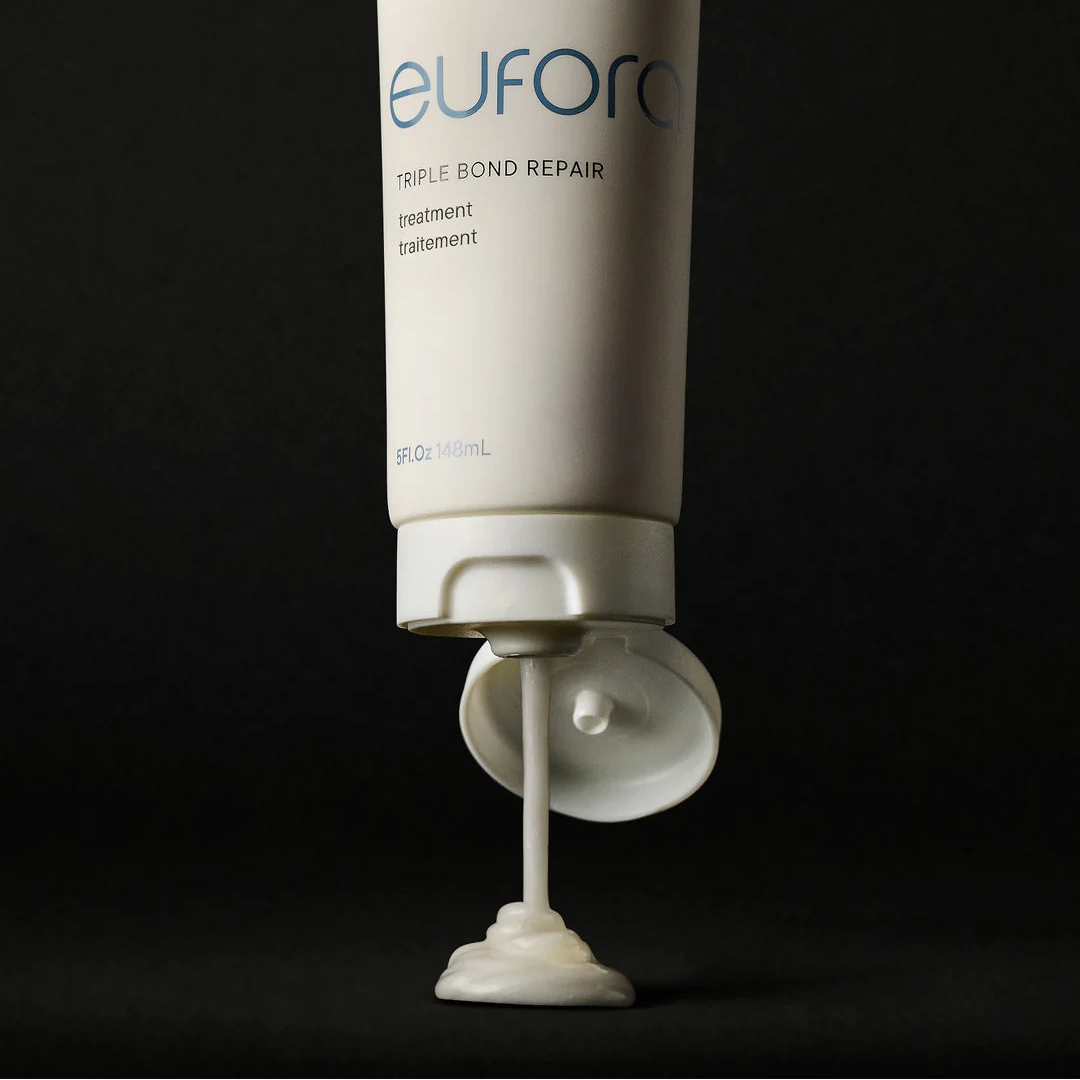 Eufora Triple Bond Repair treatment bottle with pump on a black background