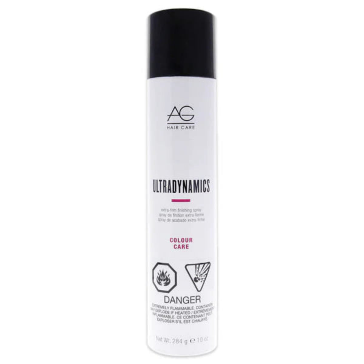 A white aerosol can of AG Hair Care Ultradynamics Colour Care hairspray with a black cap, shown against a plain white background.