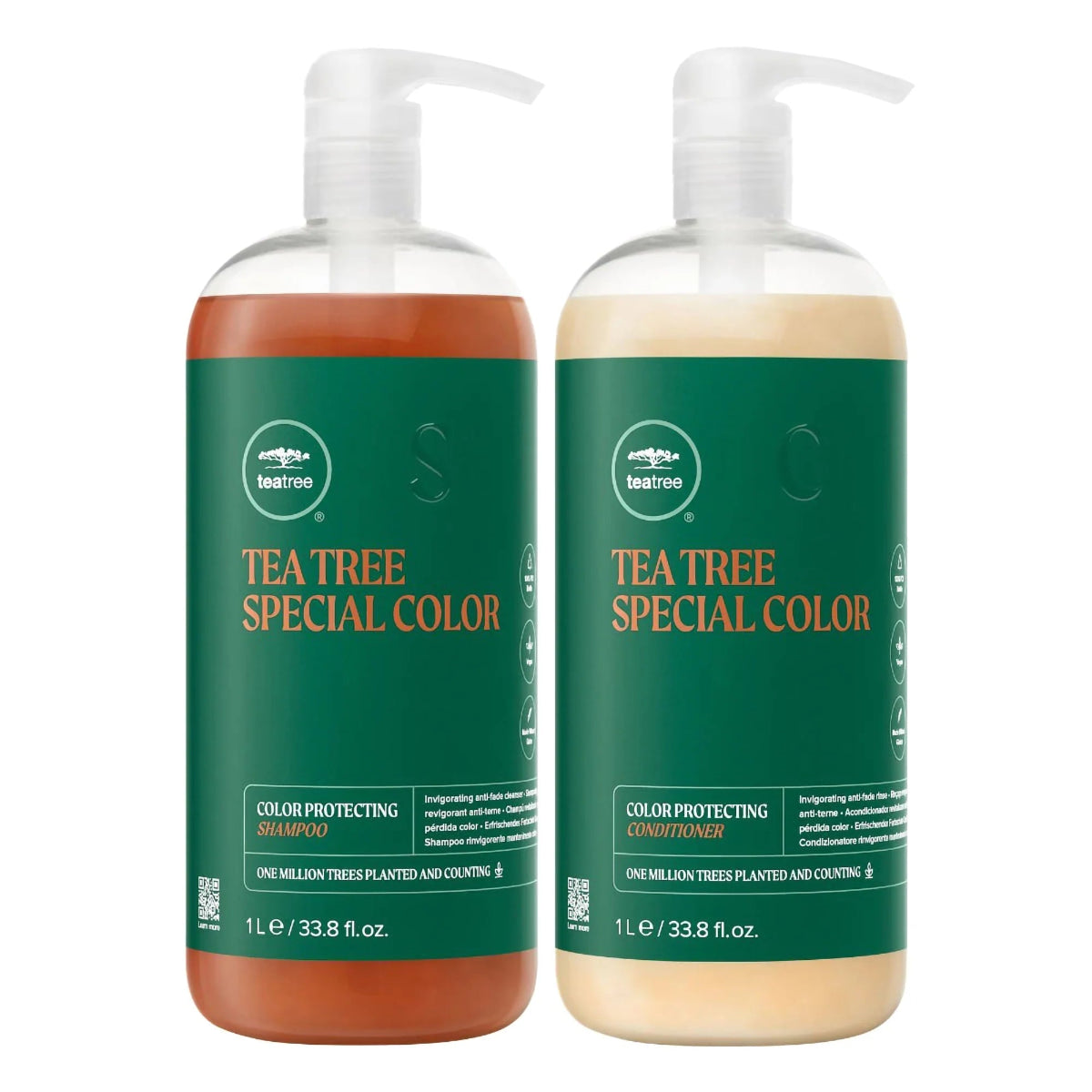 Two 1 L bottles of tea tree color protecting shampoo and conditioner side by side on a white background. The left bottle contains an amber-brown liquid and is labeled 'TEA TREE SPECIAL COLOR' as shampoo, and the right bottle contains a light beige liquid and is labeled 'TEA TREE SPECIAL COLOR' as conditioner.