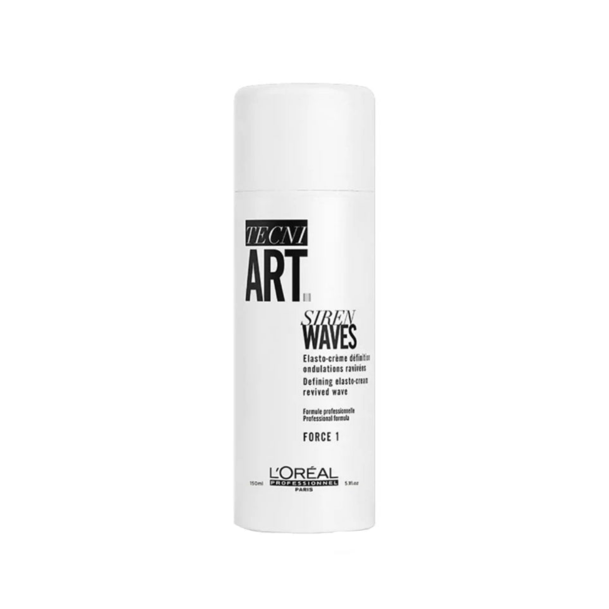A white cylindrical bottle of L'Oréal Professionnel Tecni Art 17 Smooth Waves Defining Spray on a solid white background.