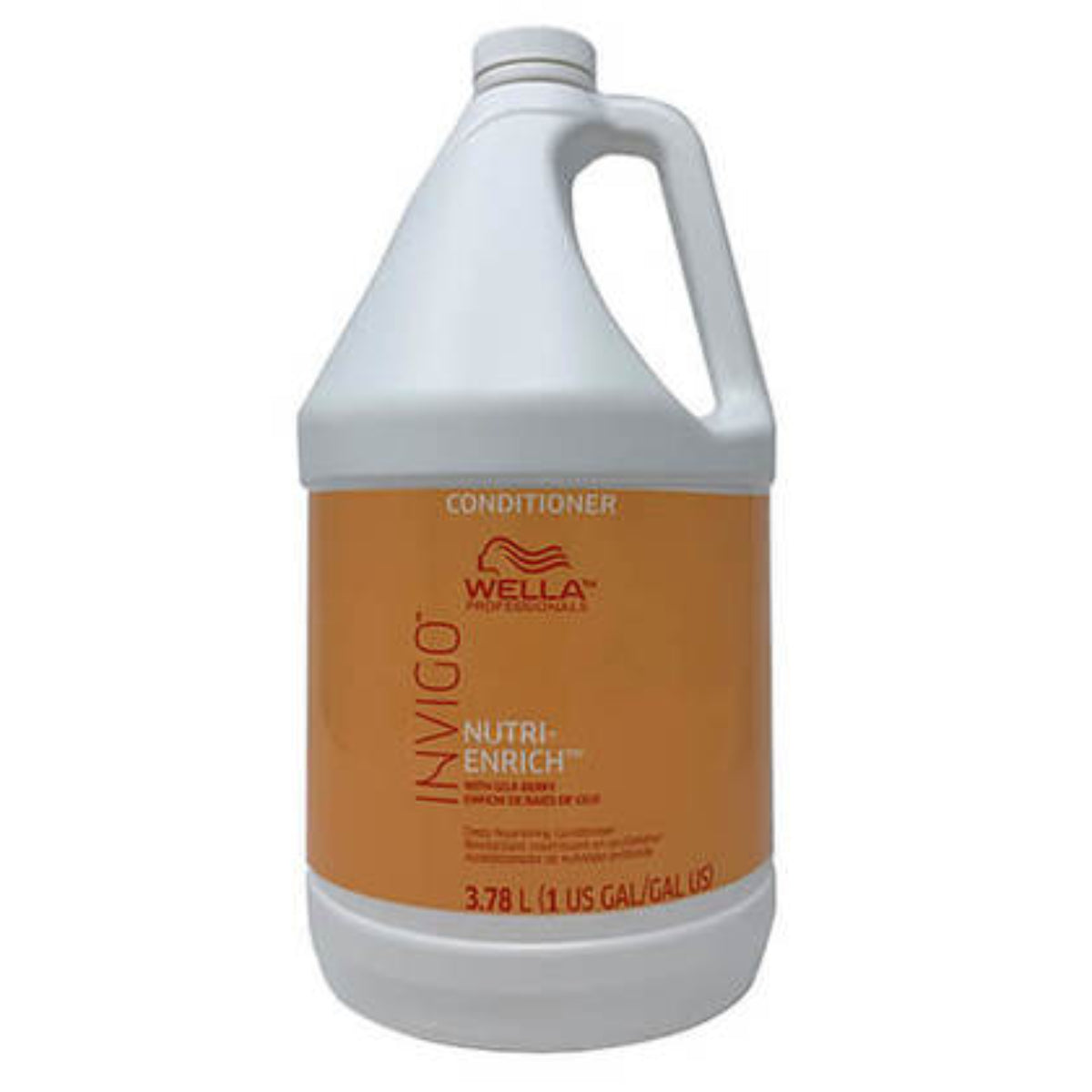 Gallon bottle of Wella Invigo Nutri-Enrich conditioner on a white background