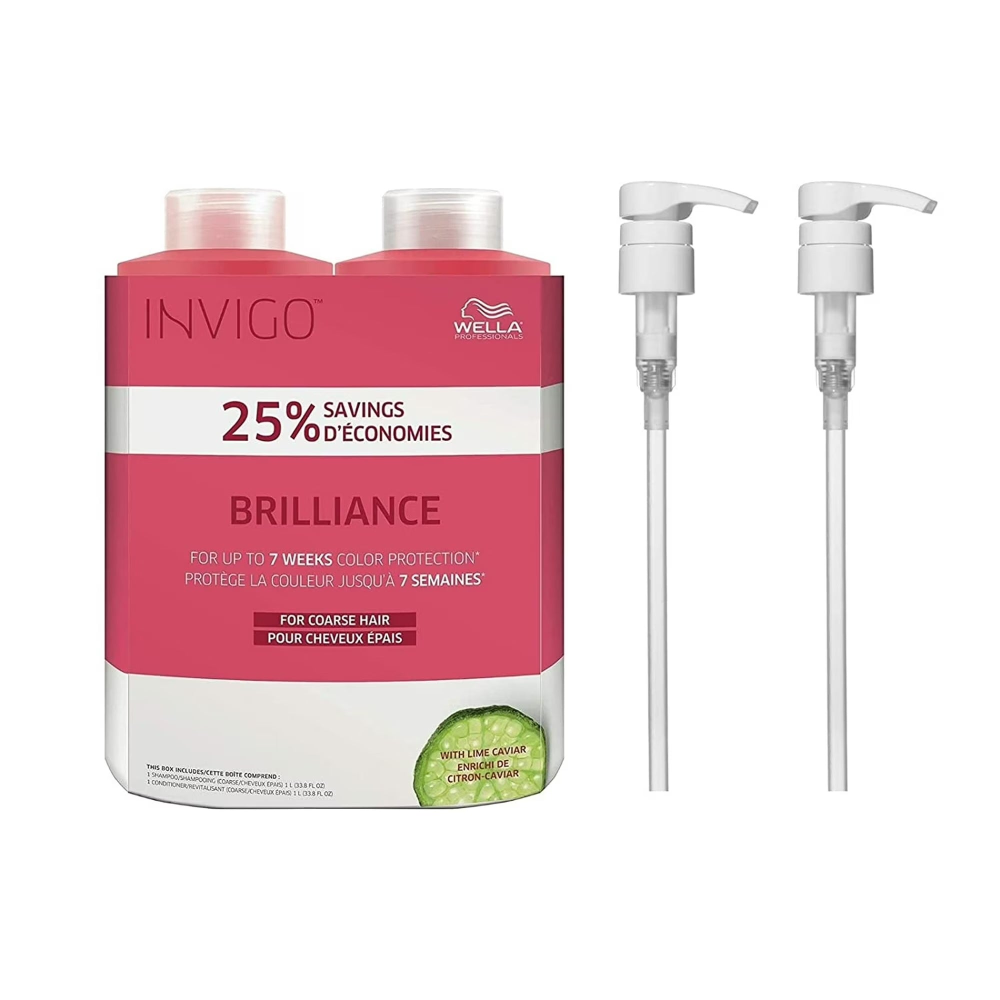 Wella Invigo Brilliance hair care product with pump bottles on a white background