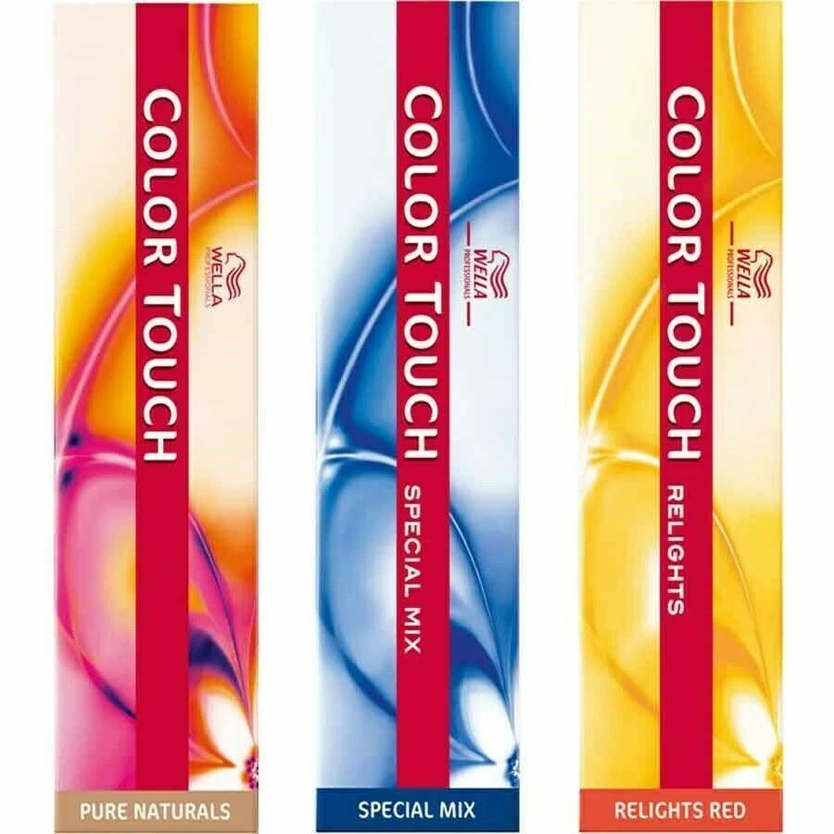 Three Wella Color Touch hair dye packages with colorful designs on a white background.