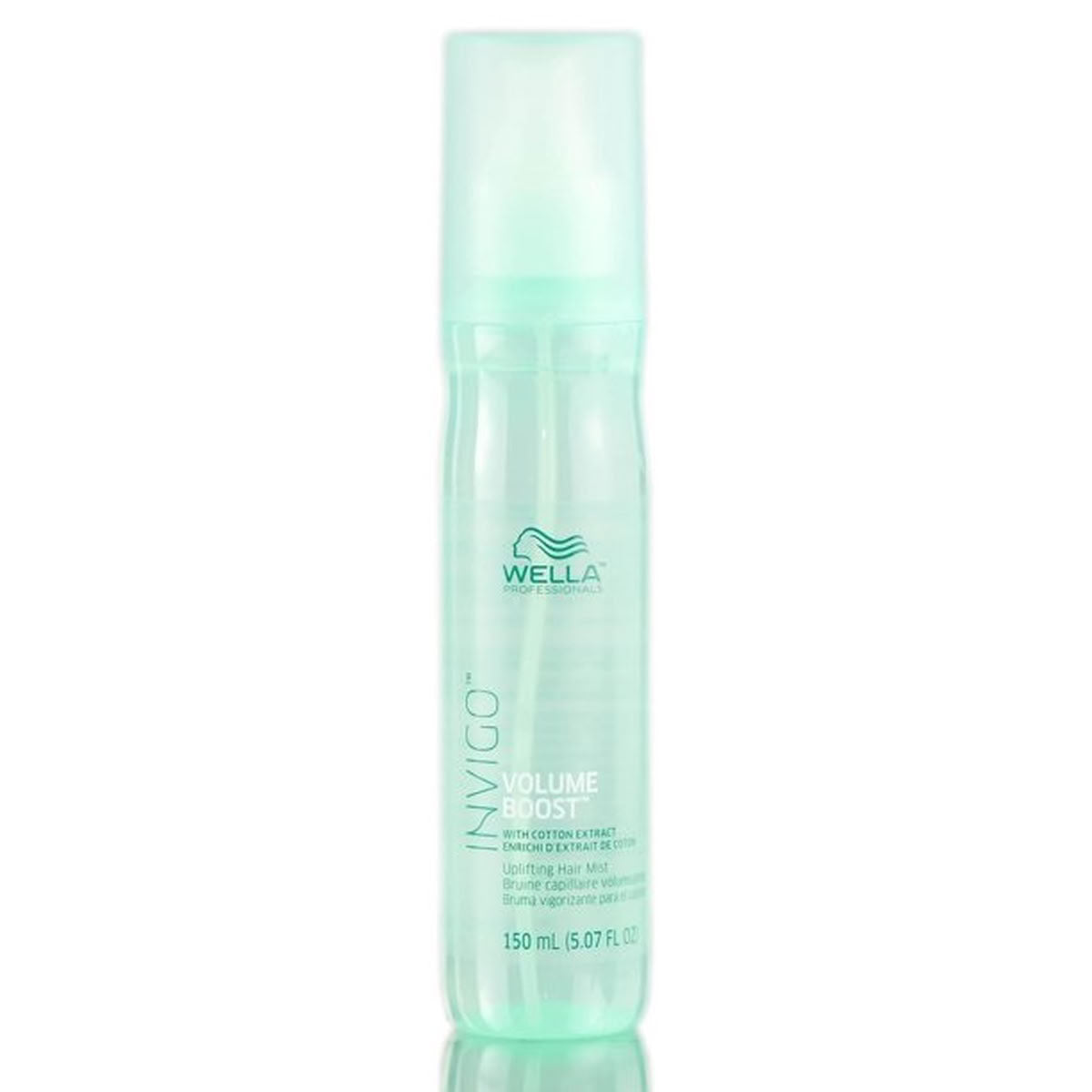 Mint green bottle of Wella Ninvigo Volume Boost hair mist on a white background