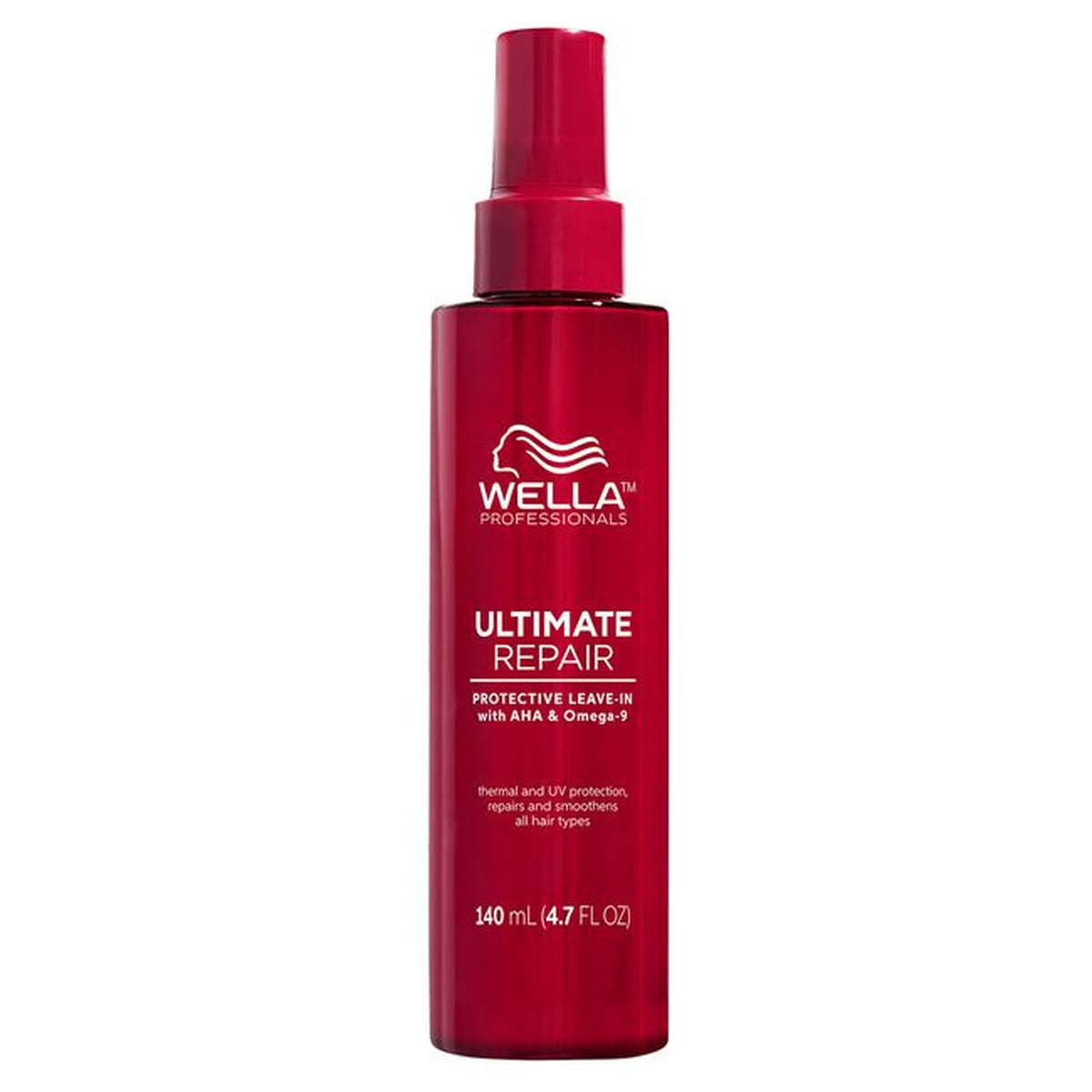 Red bottle of Wella Ultimate Repair Protective Leave In on a white background