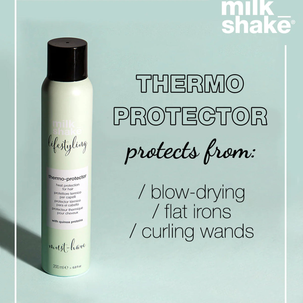 Milk Shake Thermo Protector bottle on a light green background with product details.