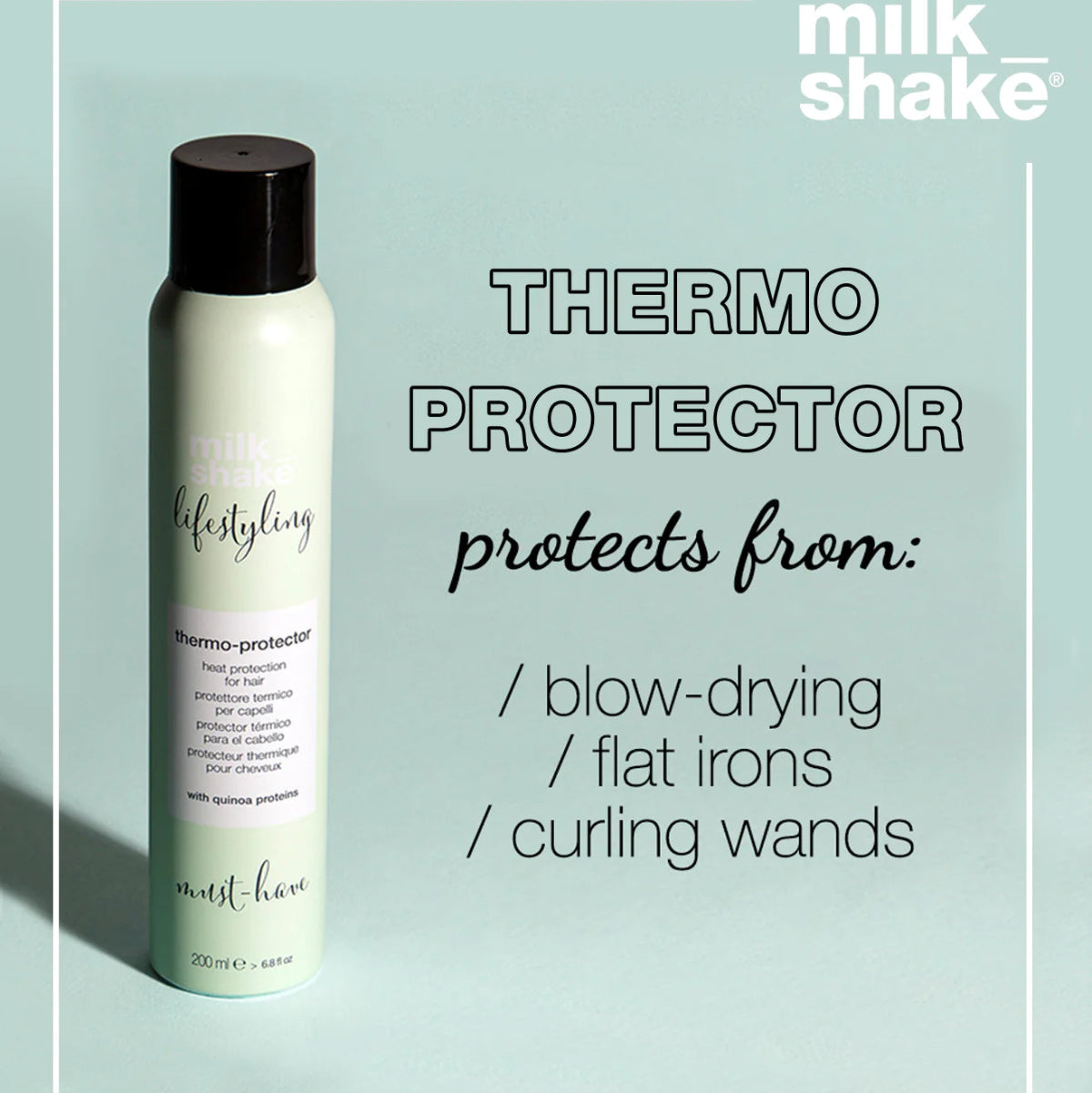 Milk Shake Thermo Protector bottle on a light green background with product details.