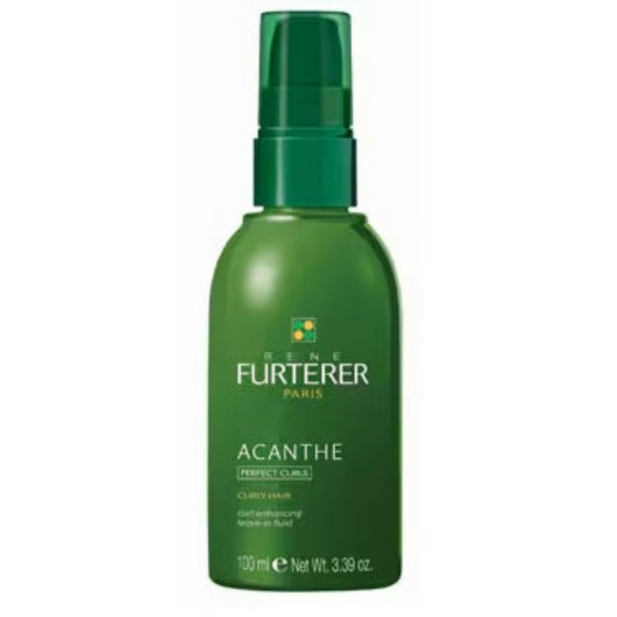 A 100ml bottle of Rene Furterer Acante Perfect Color Curly Hair Spray in a dark green color, shown against a plain white background.