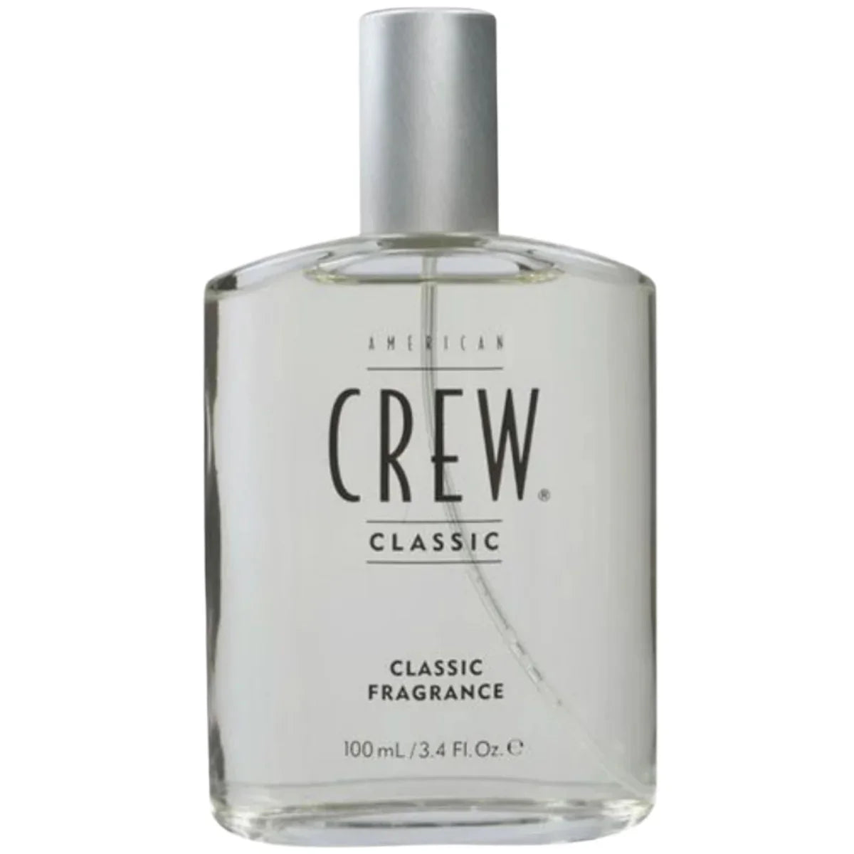 Clear bottle of American Crew Classic fragrance on a white background