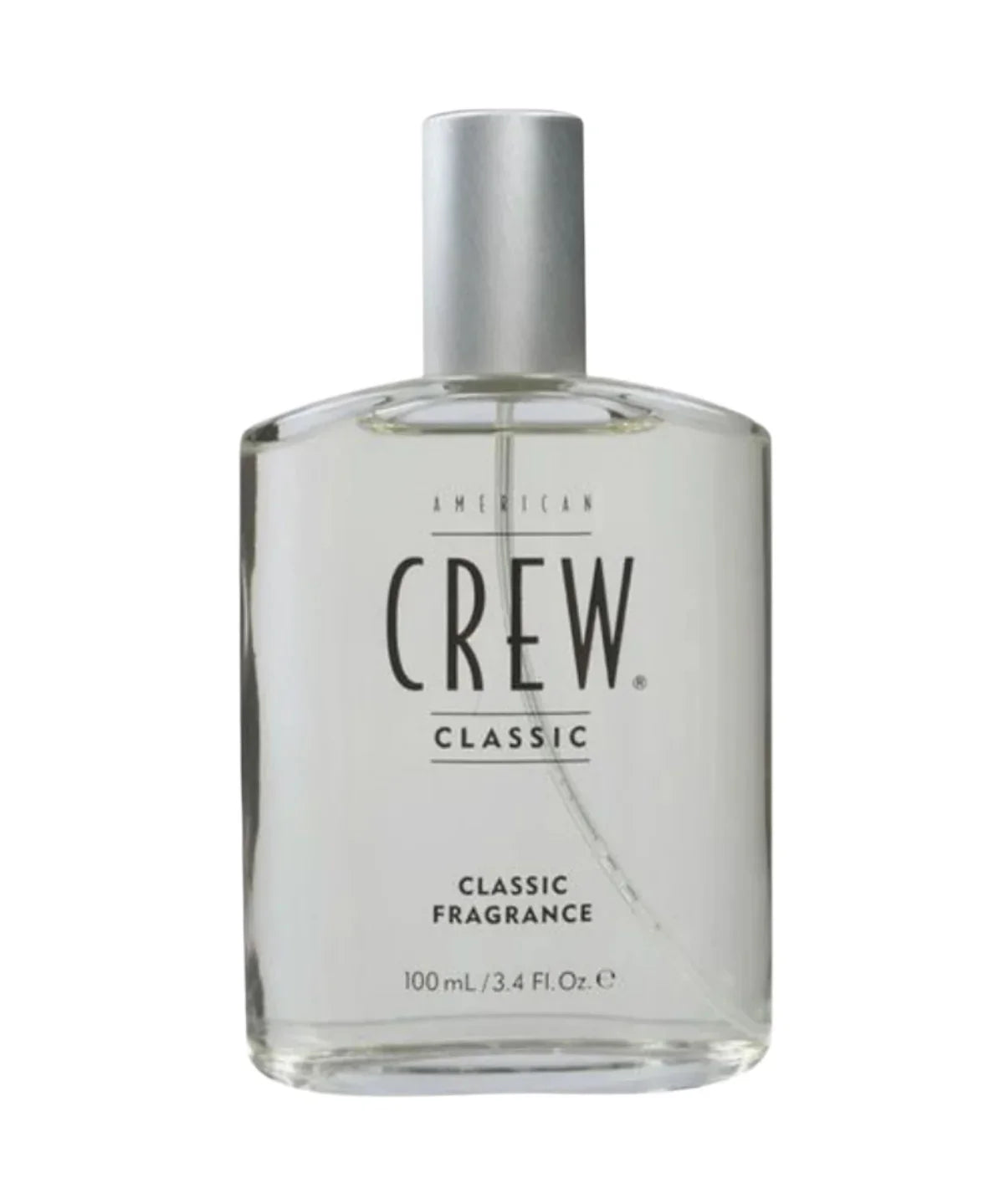 Clear bottle of American Crew Classic fragrance on a white background