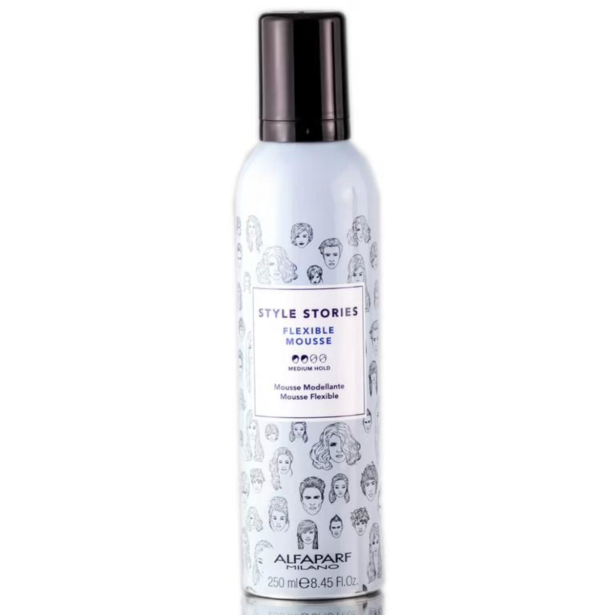 Alfaparf Milano hair mousse bottle on a white background
