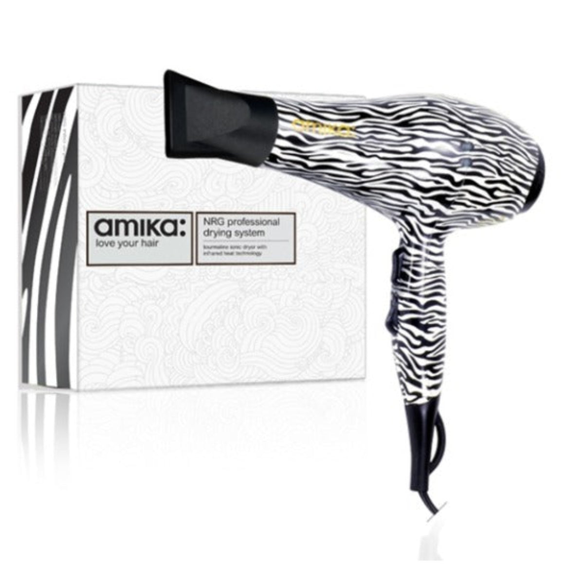 Zebra-patterned hair dryer with packaging on a white background