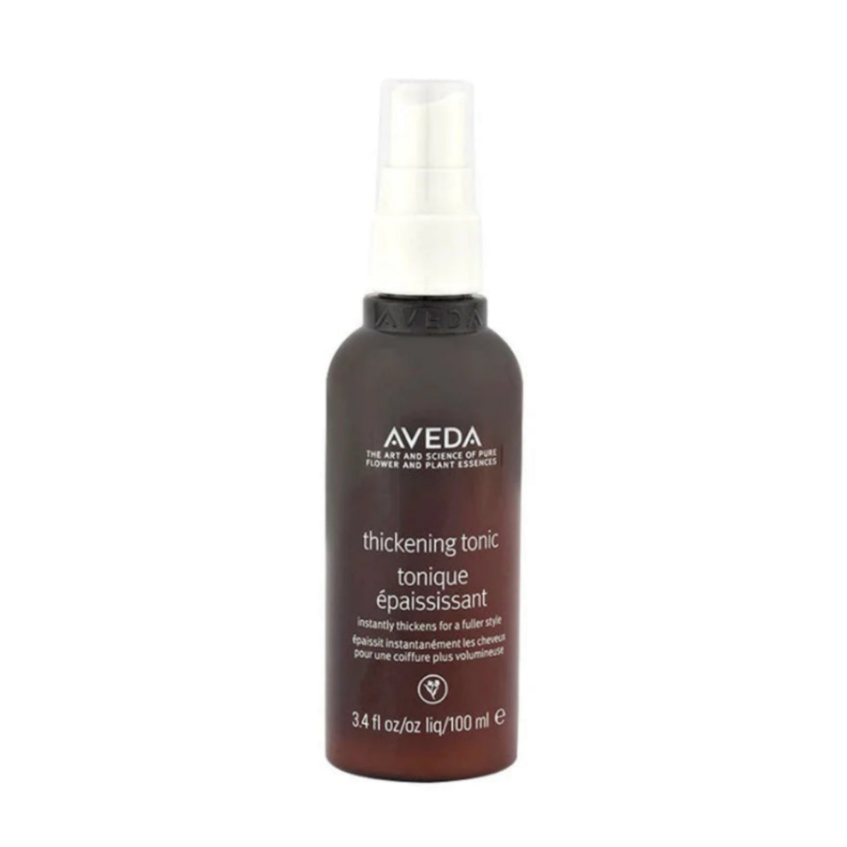 A bottle of Aveda Thickening Tonic with a white spray top and dark brown bottle, centered on a plain white background.