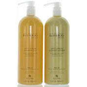 Two amber-colored pump bottles of AlterniN Bamboo Smooth Anti-Frizz Shampoo and Anti-Frizz Conditioner on a white background.