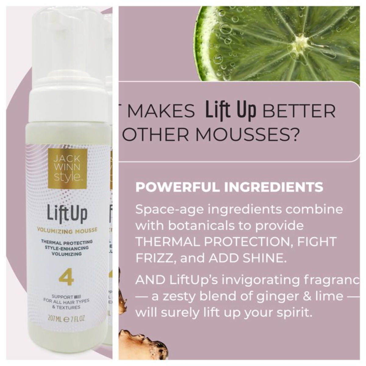 Jack Wills LiftUp volumizing mousse with lime slice and text about product features.