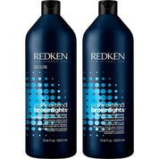 Two bottles of Redken Color Extend Brownlights shampoo and conditioner on a white background
