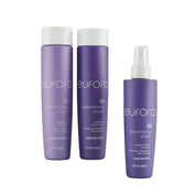 Three purple beauty care bottles from eufora Beauty Extrait, including two tall cans and one spray bottle, displayed on a white cylindrical pedestal against a light gray background.