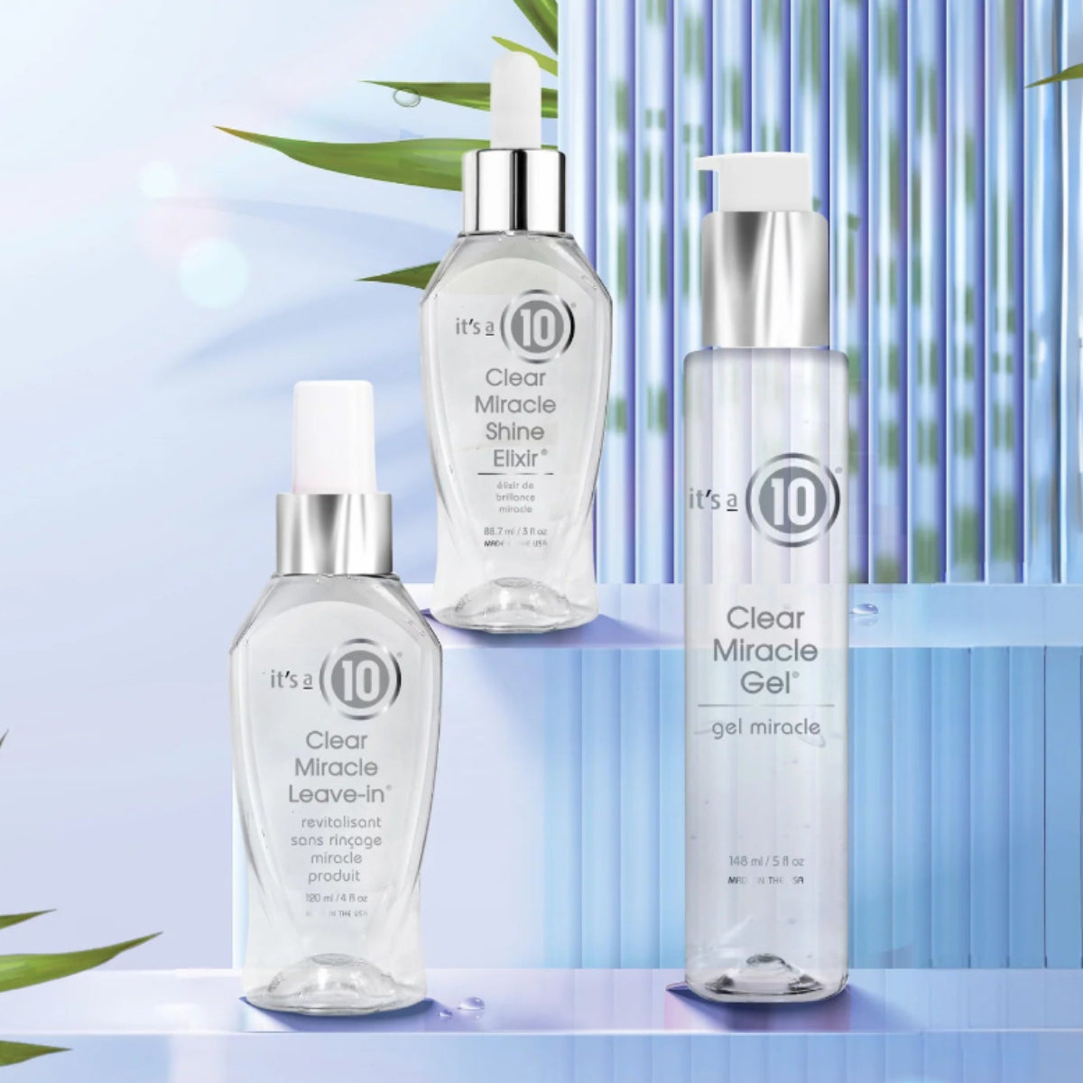 Set of skincare products with 'the 10' branding on a light blue background with green leaves.