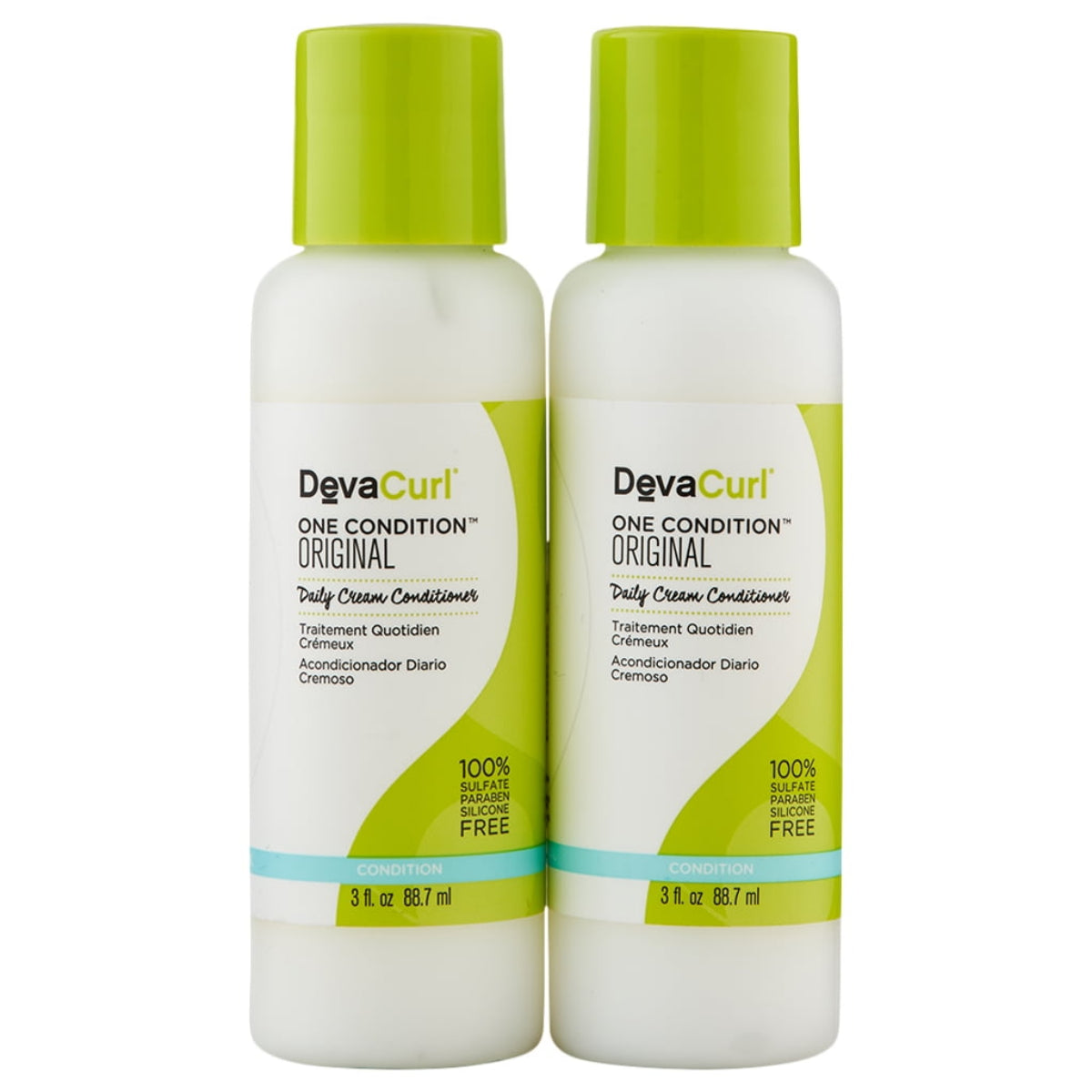Two bottles of DevaCurl One Condition daily cream conditioner, 3 oz each, with green caps and labels.