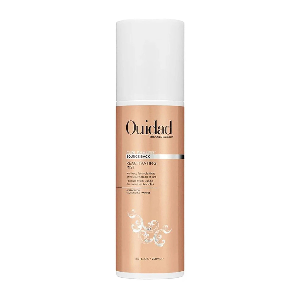 Ouidad Reactivating Mist Bounce Back hair product in a cylindrical bottle with a white cap and a peach-colored label, shown on a plain white background.