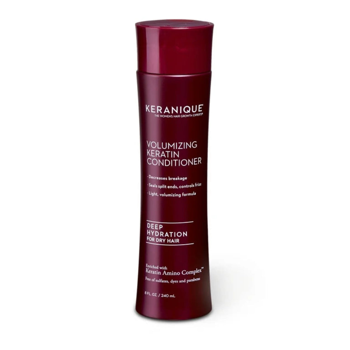 Keranique volumizing keratin conditioner bottle on a white background
