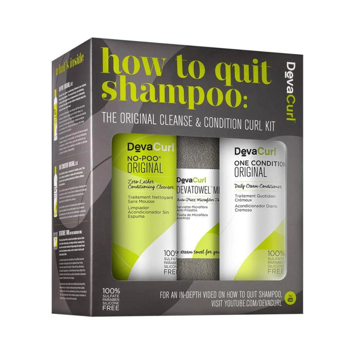 Devacurl hair care kit packaging with bottles on a white background