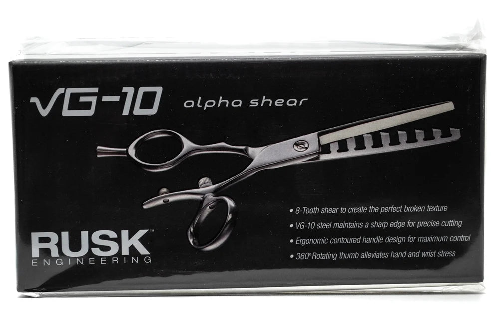 RUSK VG-10 Alpha 8-Tooth Shear with Rotating Thumb – Professional Texturizing Shears