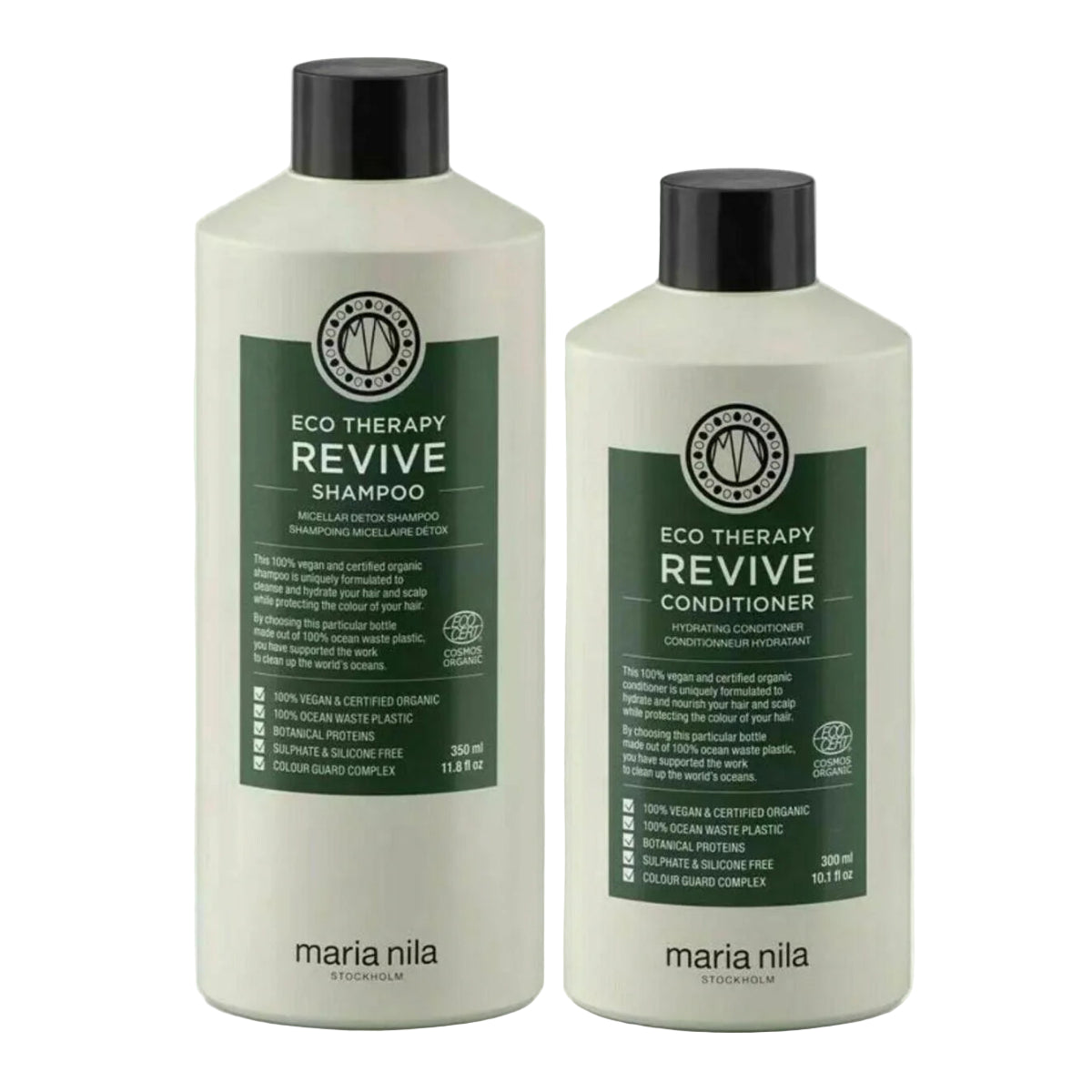 Two bottles of Maria Nila Eco Therapy Revive Shampoo and Conditioner on a white background