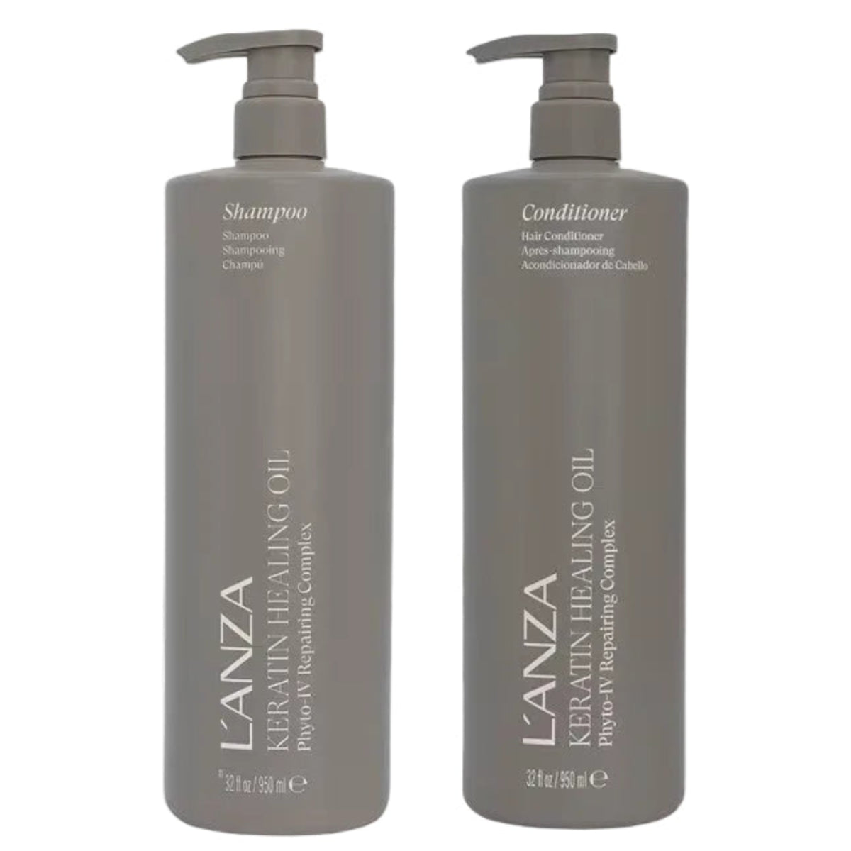 Two tall gray pump bottles of L'ANZA Keratin Healing Oil, one labeled Shampoo and the other labeled Conditioner, shown on a plain white background.