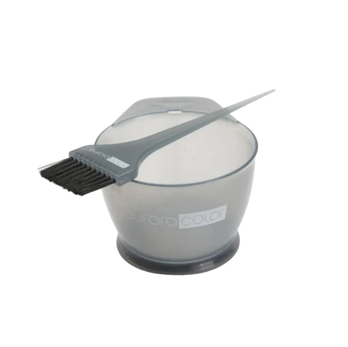 A translucent gray hair developer bowl with a matching applicator brush resting across the rim, shown on a clean white background. The brand name 'surora color' is visible on both the brush handle and the bowl.