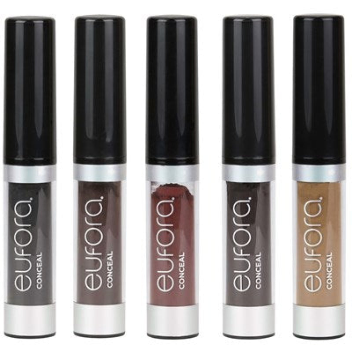 Five Eufora concealer bottles in various shades on a white background